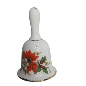 Vintage Festive Holiday Bell Genuine Fine Bone China Poinsettia Taiwan 1960's